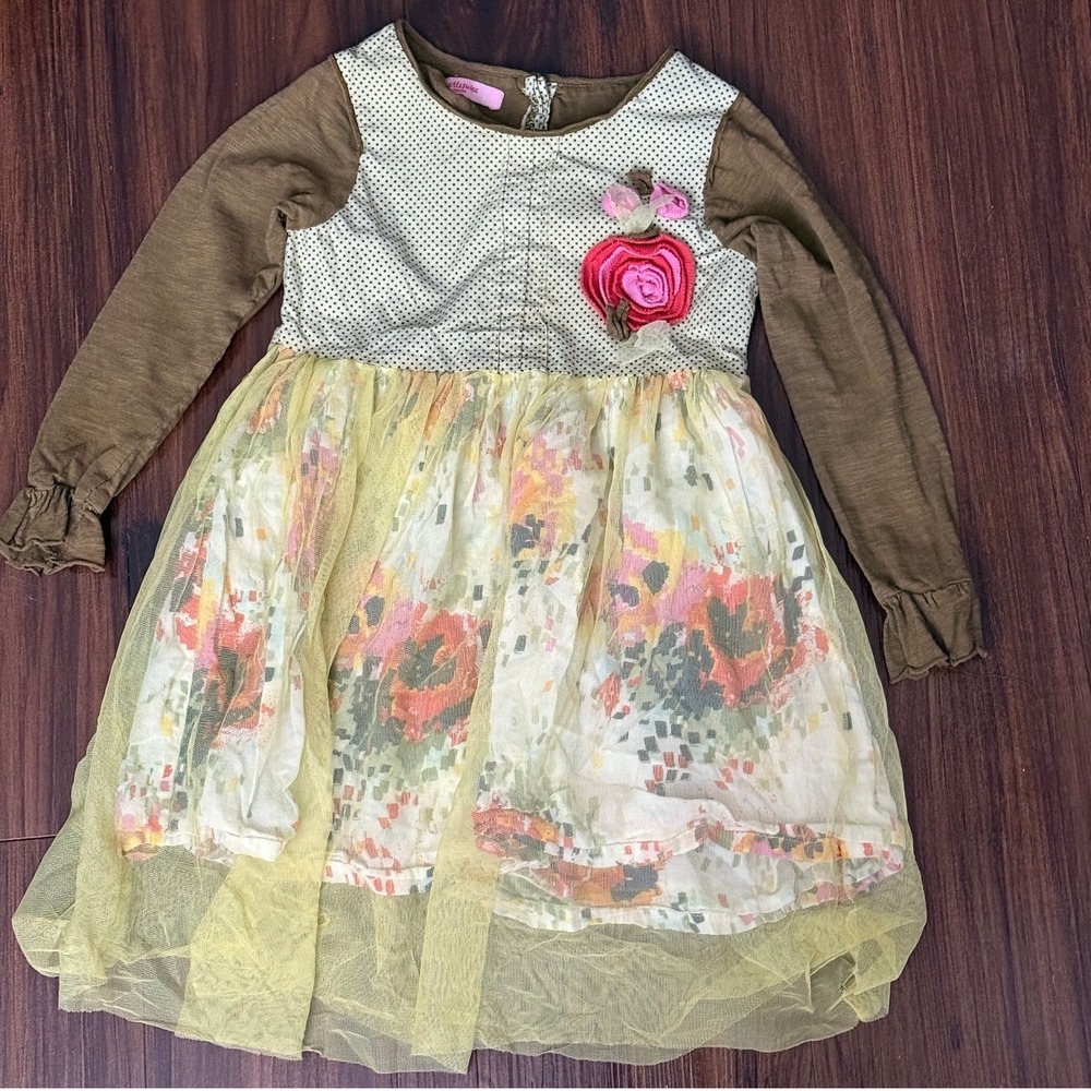 Beetlejuice London Dress Floral Applique Long Sleeve Polka Dot 4T‎
